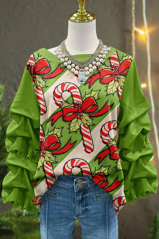 Cute Merry Christmas Candy Canes Print Pleated Top