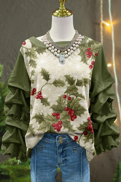 Sweet Christmas Print Pleated Top