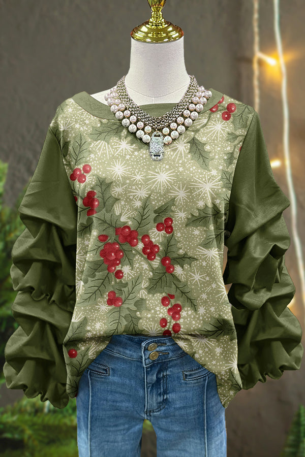 Sweet Christmas Print Pleated Top