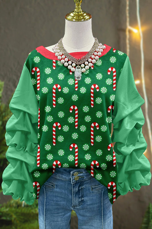 Sweet Christmas Cane Print Pleated Top