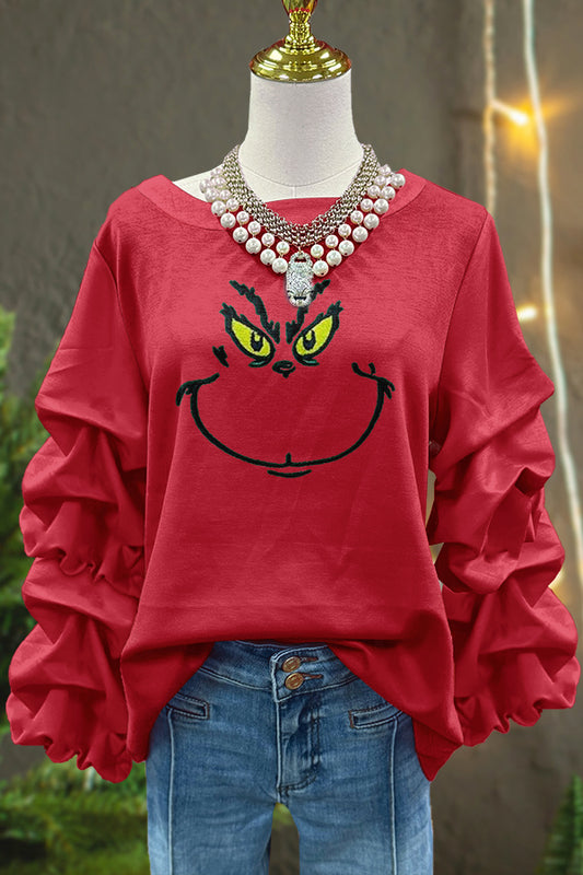 Sweet Christmas Grinch Print Pleated Top