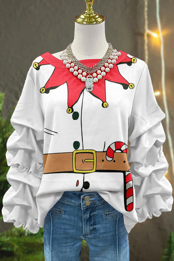 Cute Santa Claus Print Pleated Top