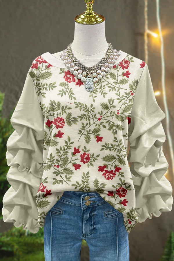 Sweet Christmas Print Pleated Top