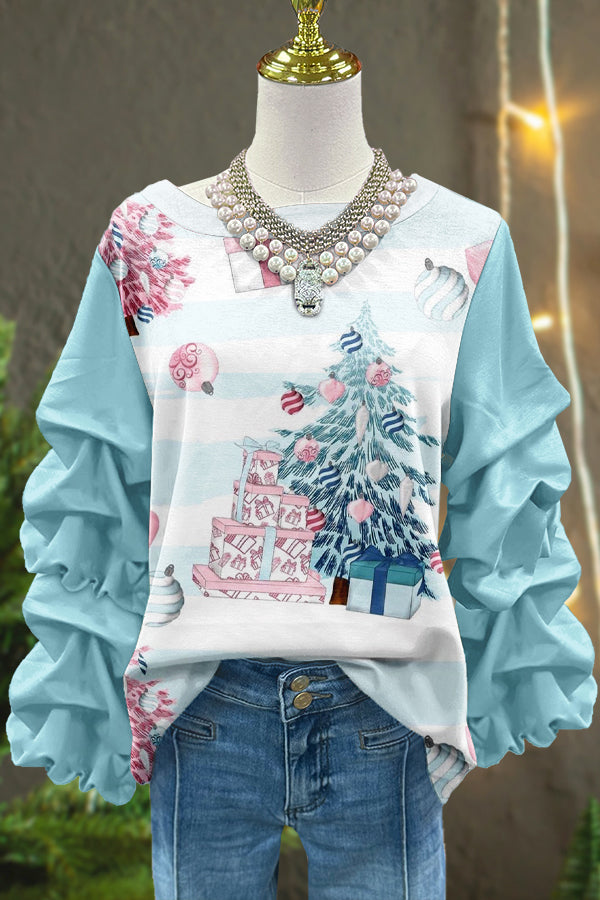 Sweet Christmas Tree Print Pleated Top