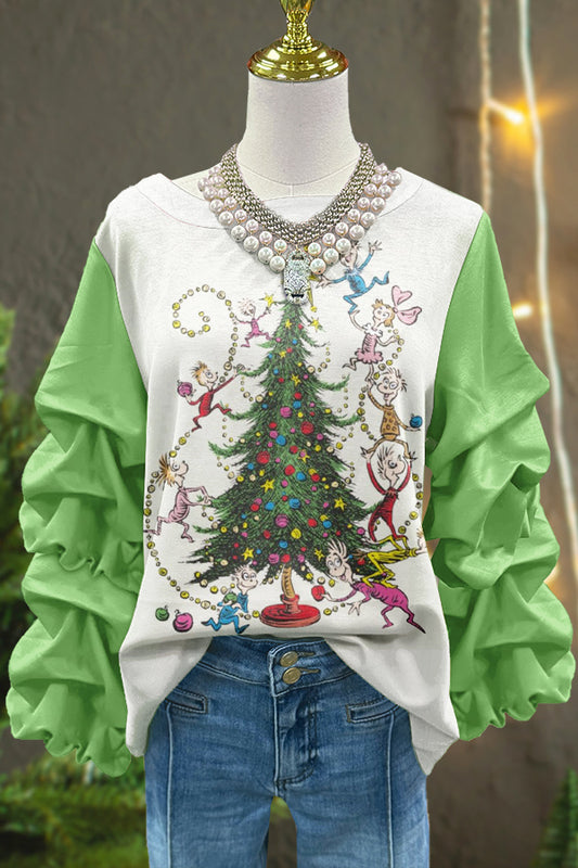 Cute Christmas Tree Print Pleated Top