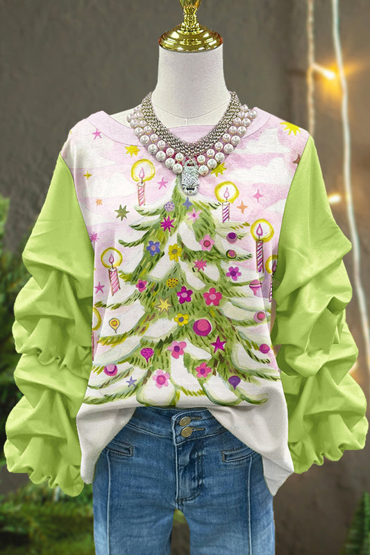 Green Cute Christmas Tree Print Pleated Top