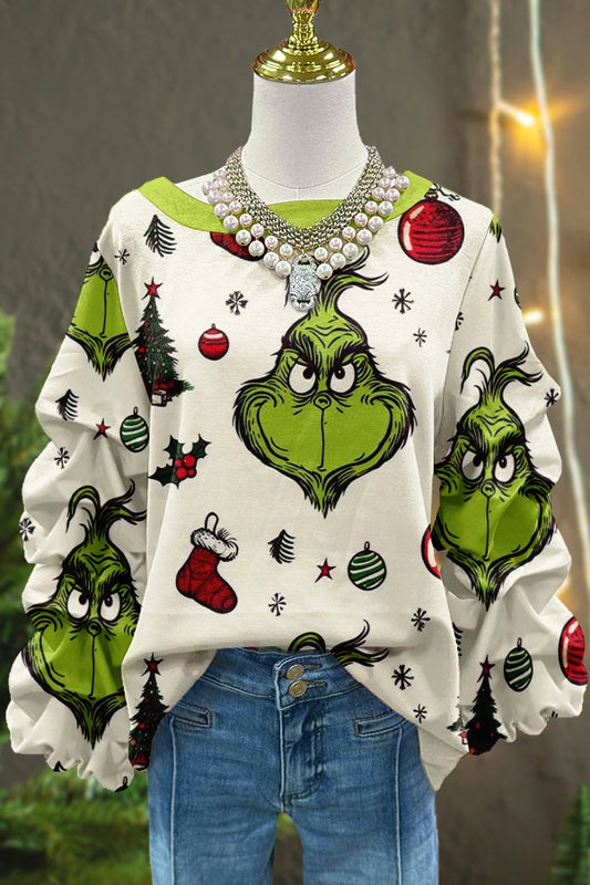 Funny Christmas Grinch Print Pleated Top