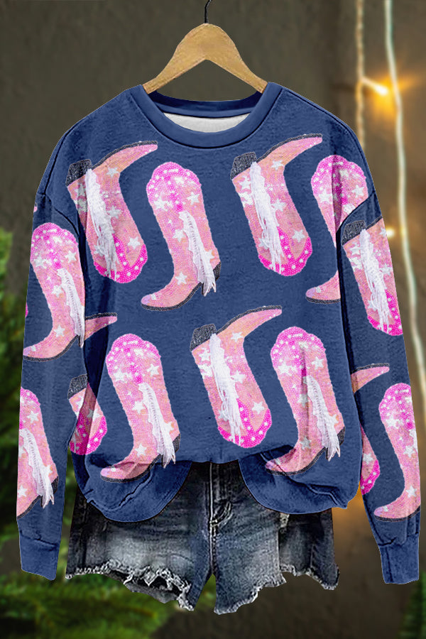 Shiny Western Cowboy Boots Print Sweatshirt