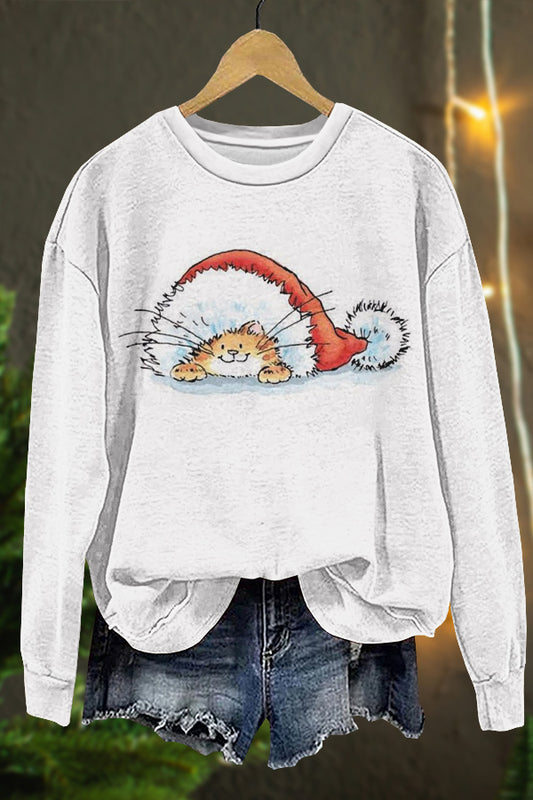 Cute Christmas Cat Print Sweatshirt