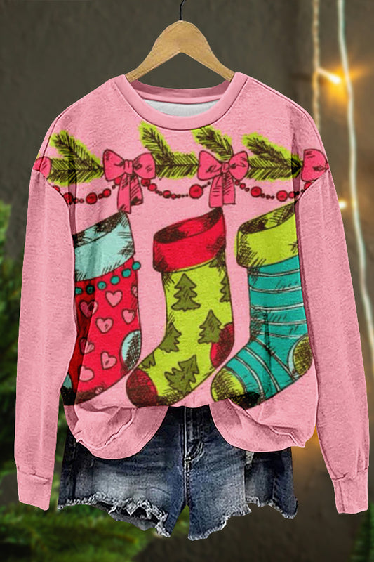 Sweet Christmas Socks Print Sweatshirt