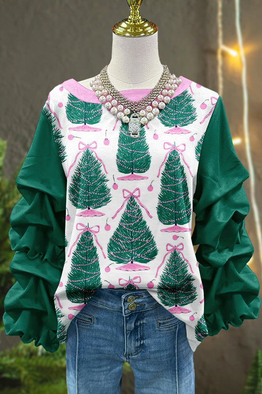 Sweet Christmas Tree Print Pleated Top