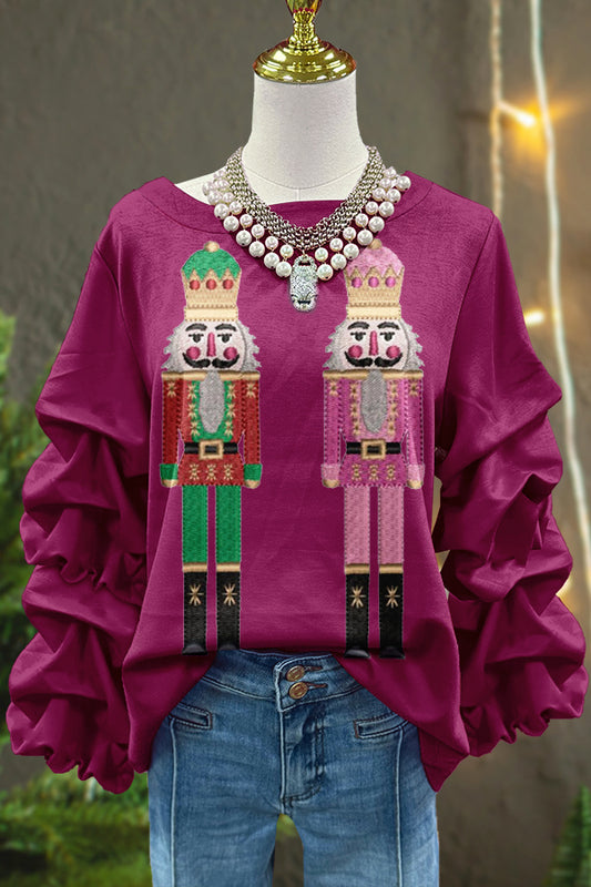 Cute Christmas Nutcracker Print Pleated Top