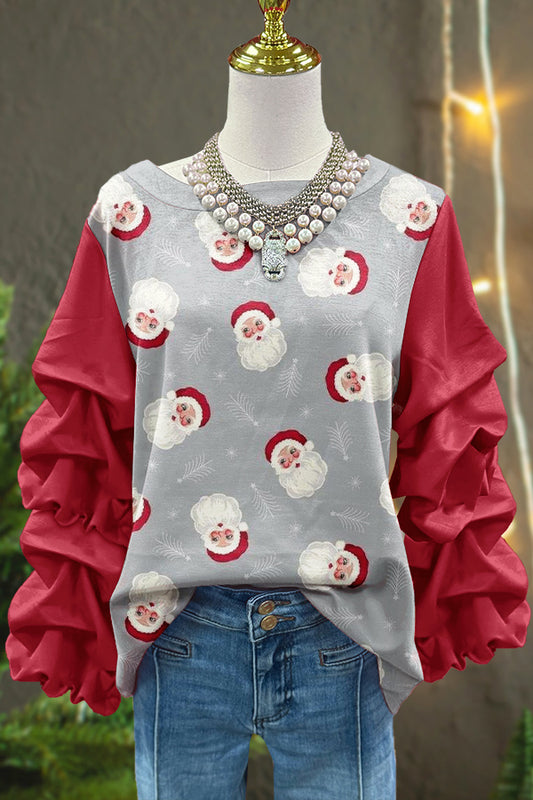 Cute Christmas Santa Claus Print Pleated Top