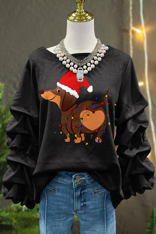 Cute Christmas Dachshund Print Pleated Top