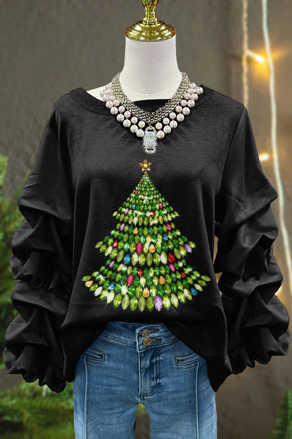 Cute Christmas Tree Print Pleated Top