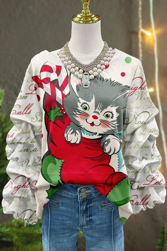 Cute Christmas Cat Print Pleated Top