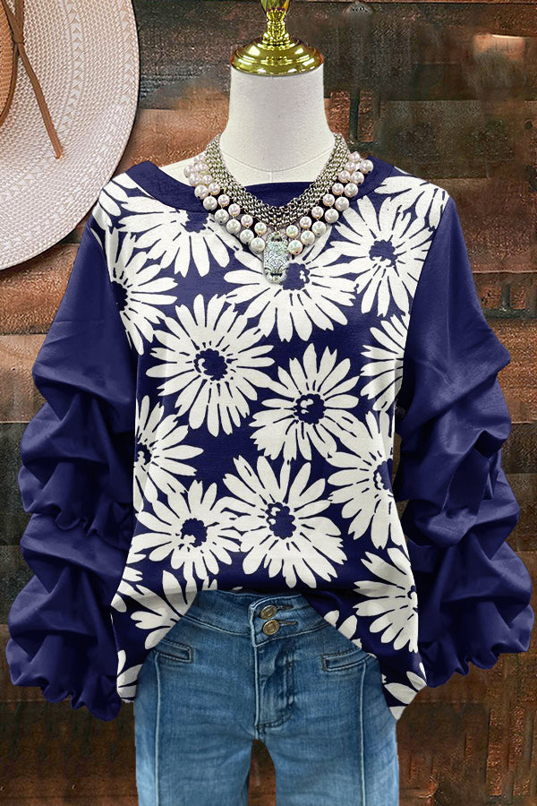 Cute Daisy Flowers Print Pleated Top