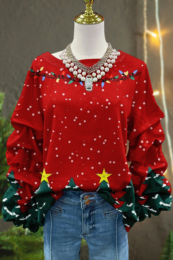 Cute Christmas Tree Print Pleated Top