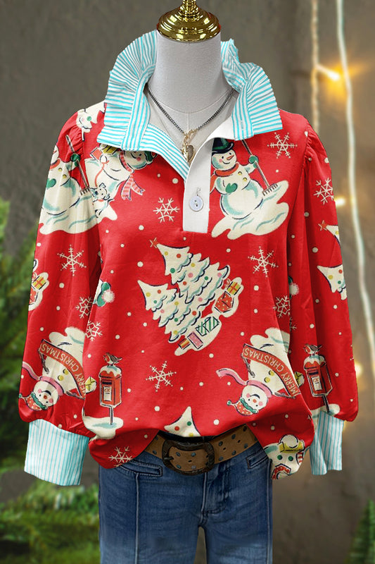 Retro Christmas Snowman Print Puff Sleeve Top