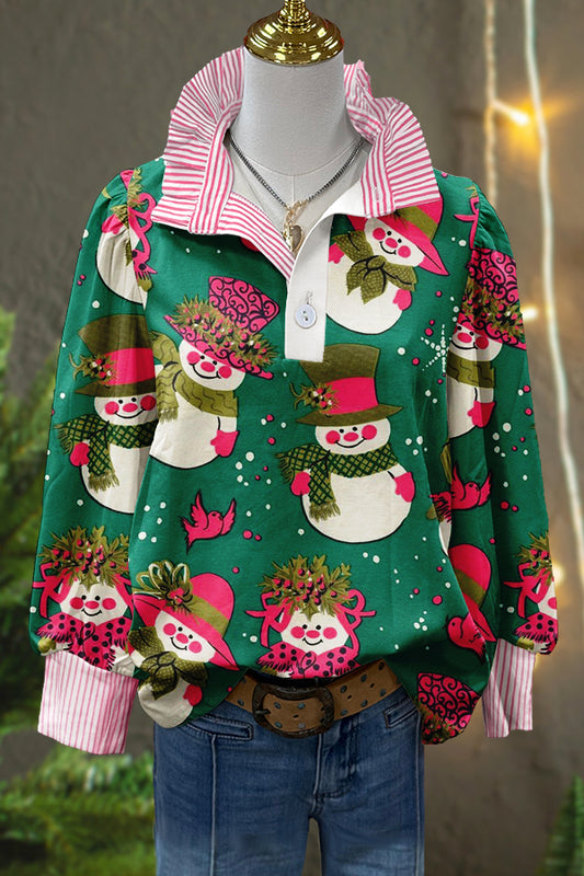 Cute Christmas Snowman Print Puff Sleeve Top