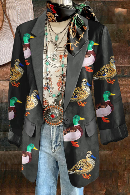 Shiny Camping Duck Print Blazer