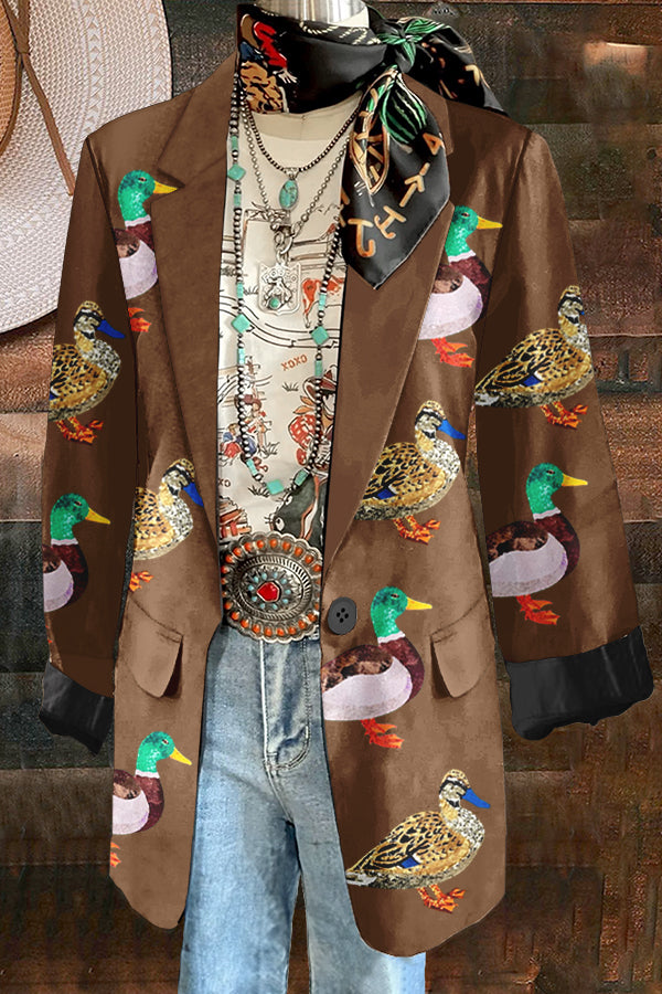 Shiny Camping Duck Print Blazer