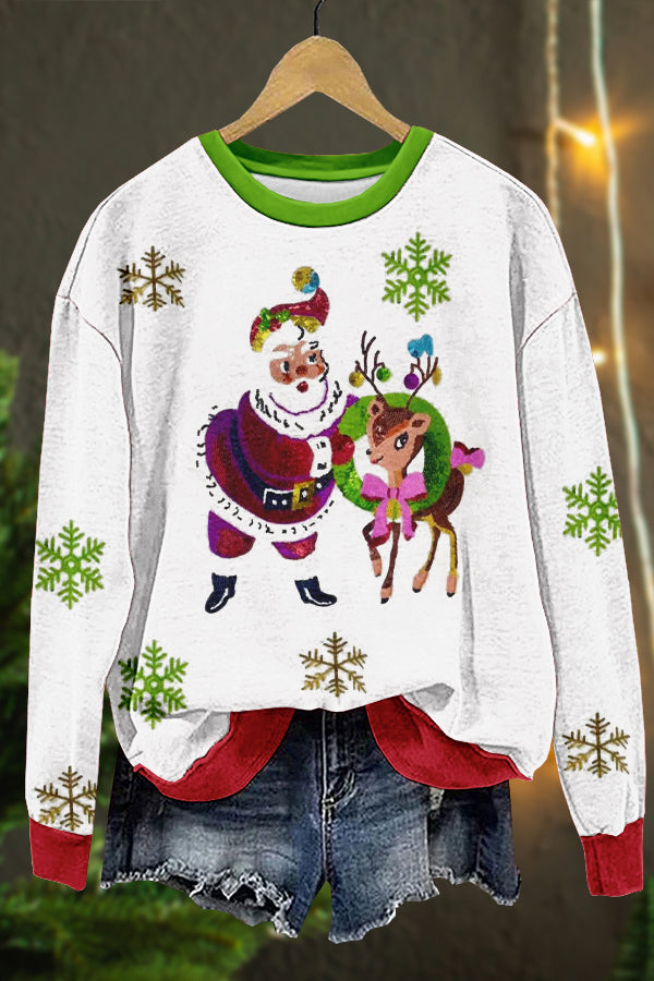 Shiny Christmas Santa Claus Elk Print Sweatshirt