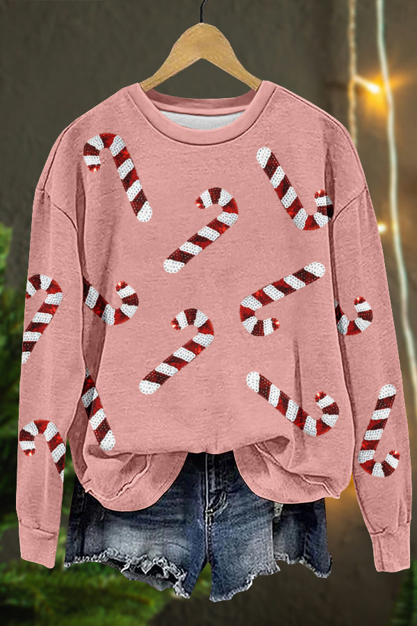 Shiny Christmas Candy Canes Print Sweatshirt