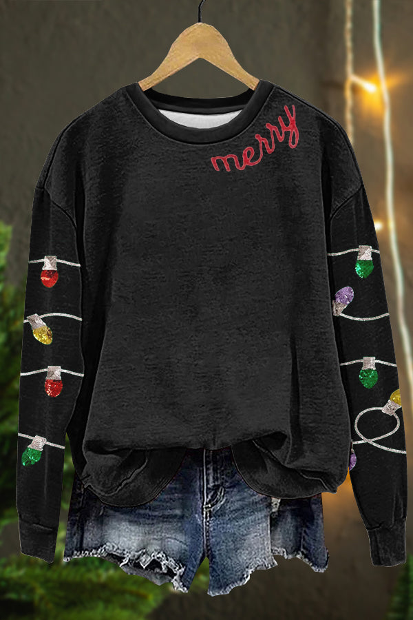 Cute Christmas Merry Lights Print Sweatshirt