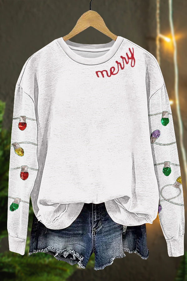 Cute Christmas Merry Lights Print Sweatshirt