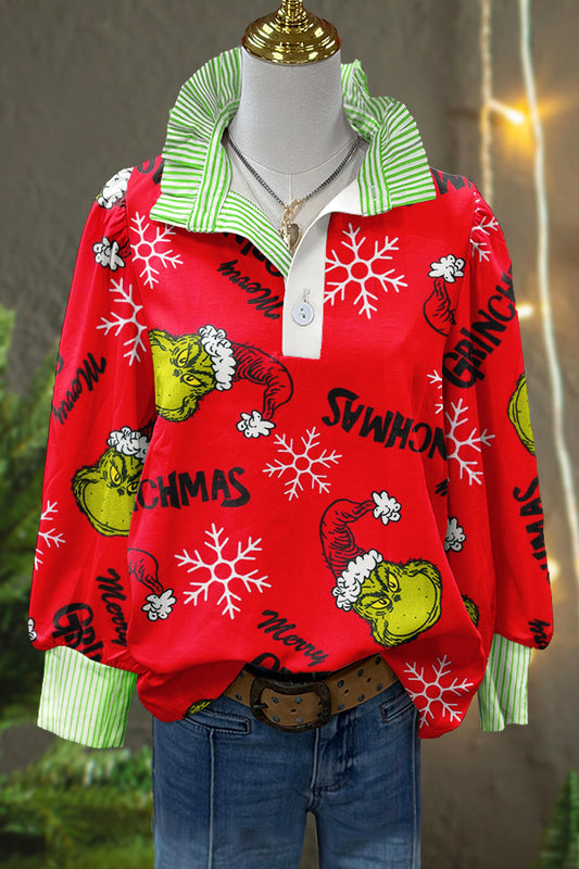 Cute Christmas Grinch Print Puff Sleeve Top