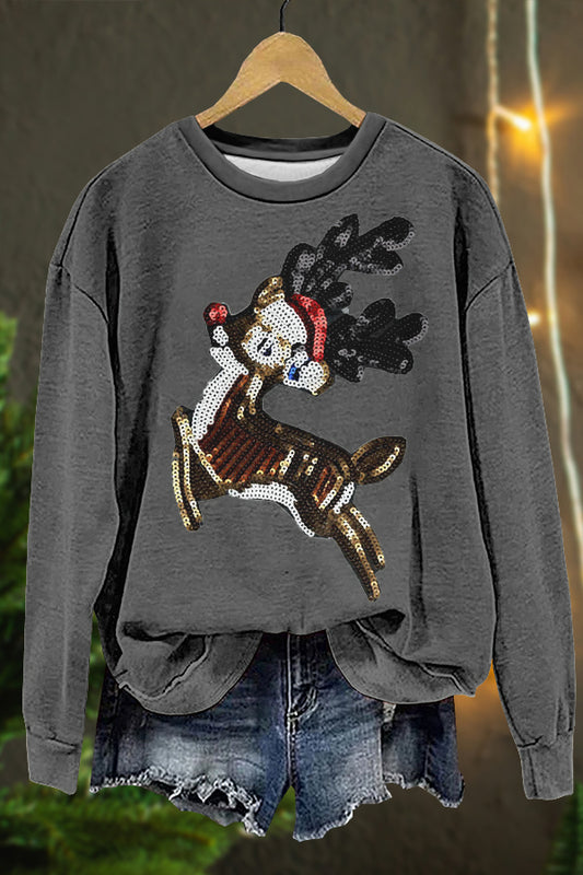 Shiny Christmas Elk Print Sweatshirt