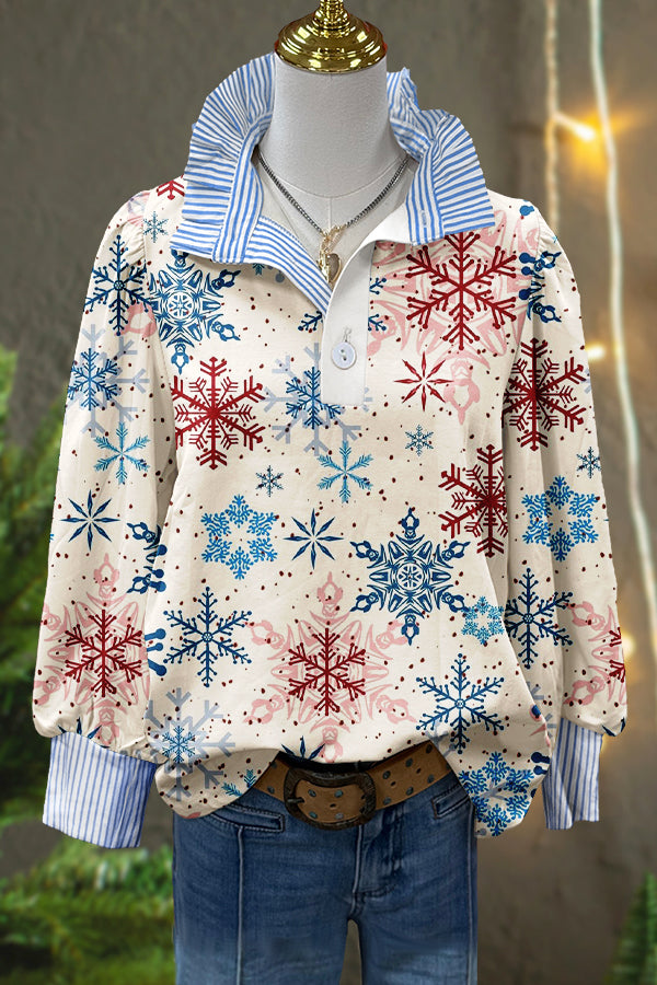 Classic Christmas Snowflakes Print Puff Sleeve Top