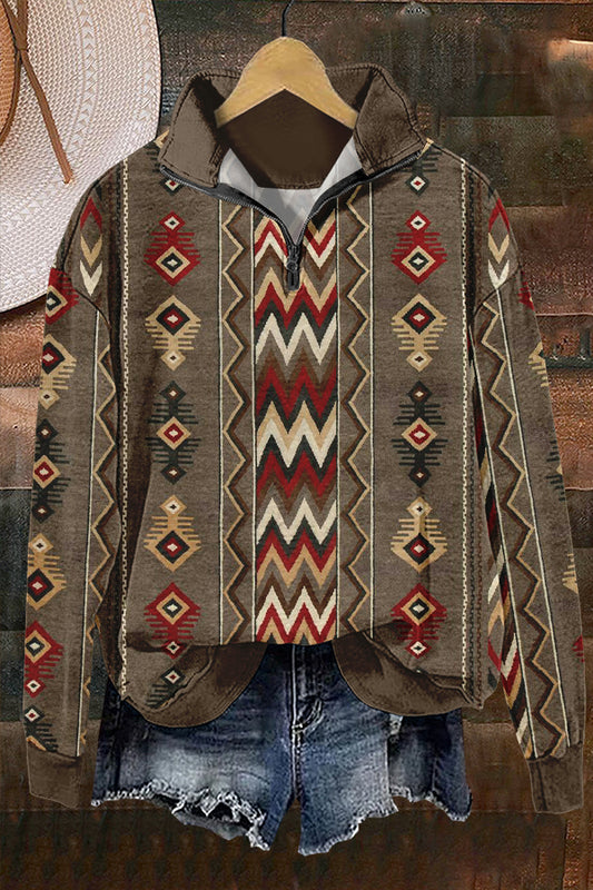 Cozy Western Aztec Totem Print Sweatshirt