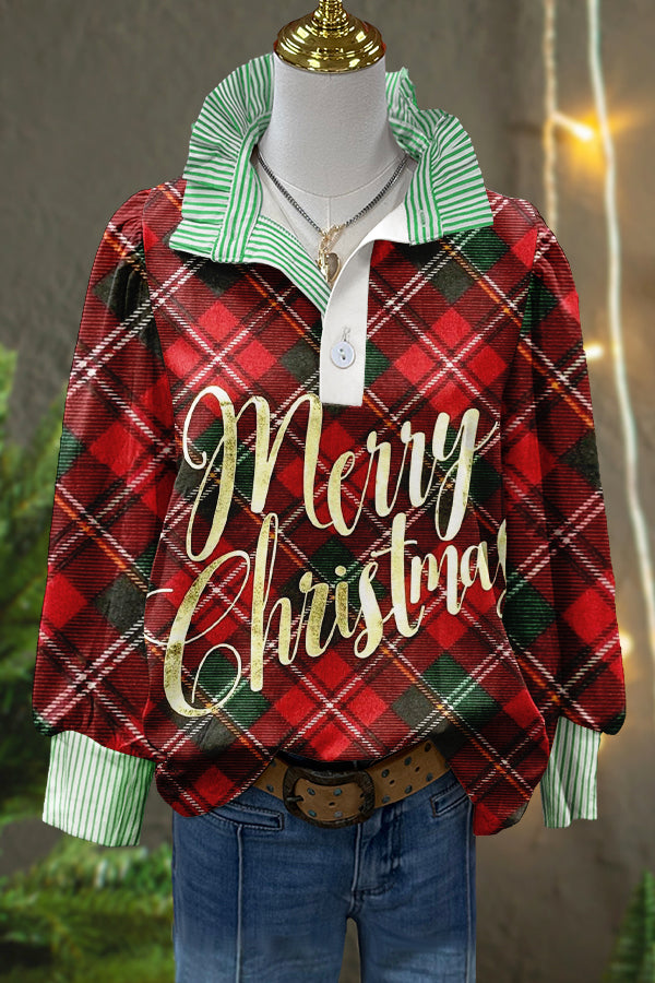 Cute Merry Christmas Plaid Print Puff Sleeve Top