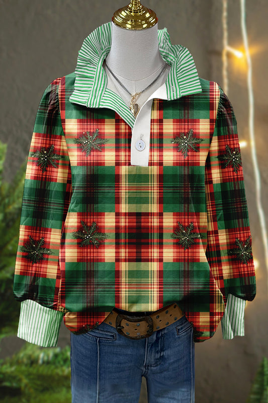 Chic Merry Christmas Tree Plaid Print Puff Sleeve Top