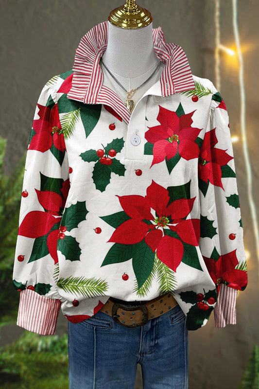 Sweet Christmas Floral Print Puff Sleeve Top