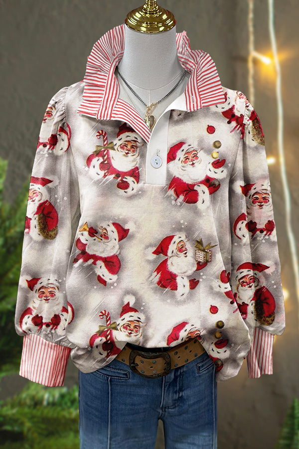 Cute Christmas Santa Claus Print Puff Sleeve Top