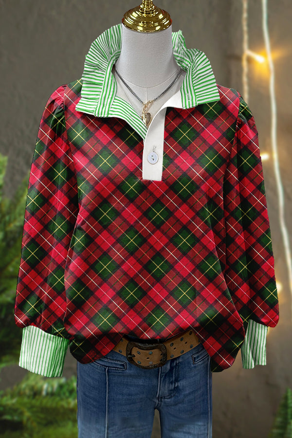 Classic Christmas Plaid Print Puff Sleeve Top