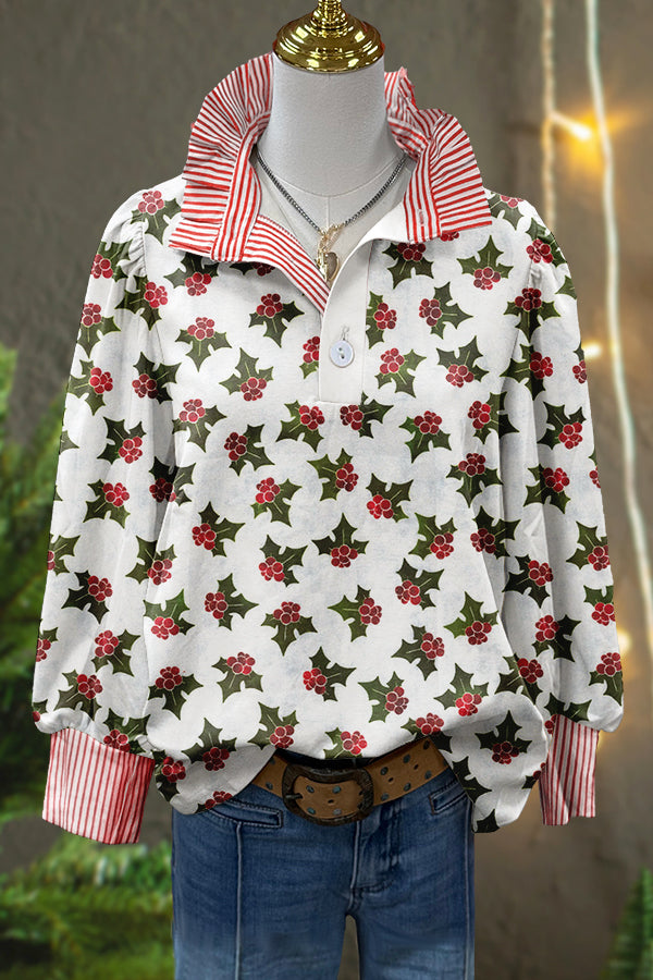 Cute Christmas Plants Print Puff Sleeve Top