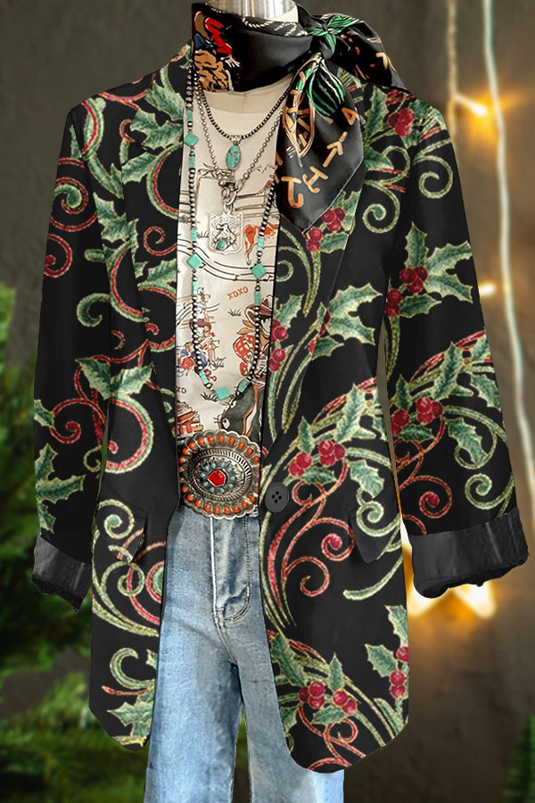 Elegant Christmas Floral Print Blazer