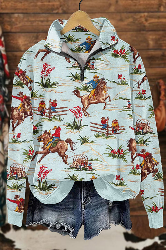 Chic Western Cowboy Horse Racing Print Sweatshirt