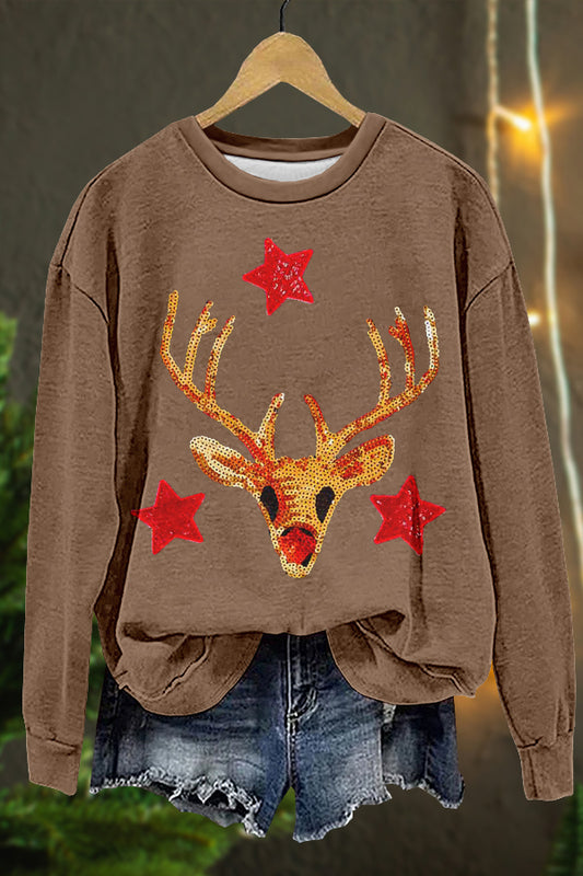 Shiny Christmas Moose Print Sweatshirt