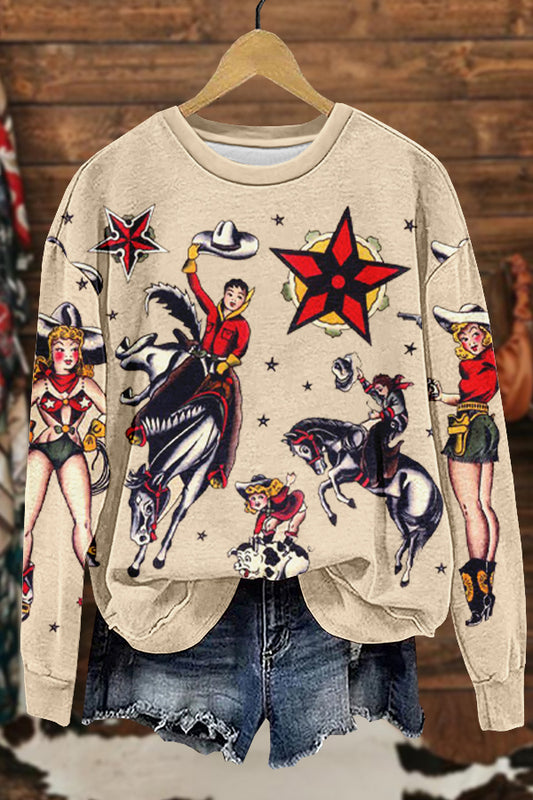 Cozy Cowgirls Rodeo Print Sweatshirt