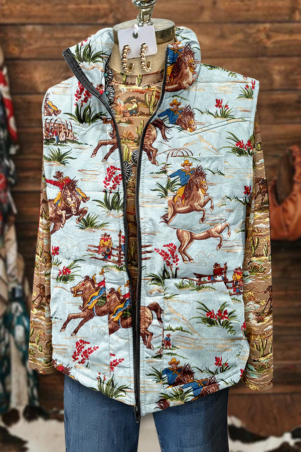 Cozy Western Cowboy Horse Racing Print Vest