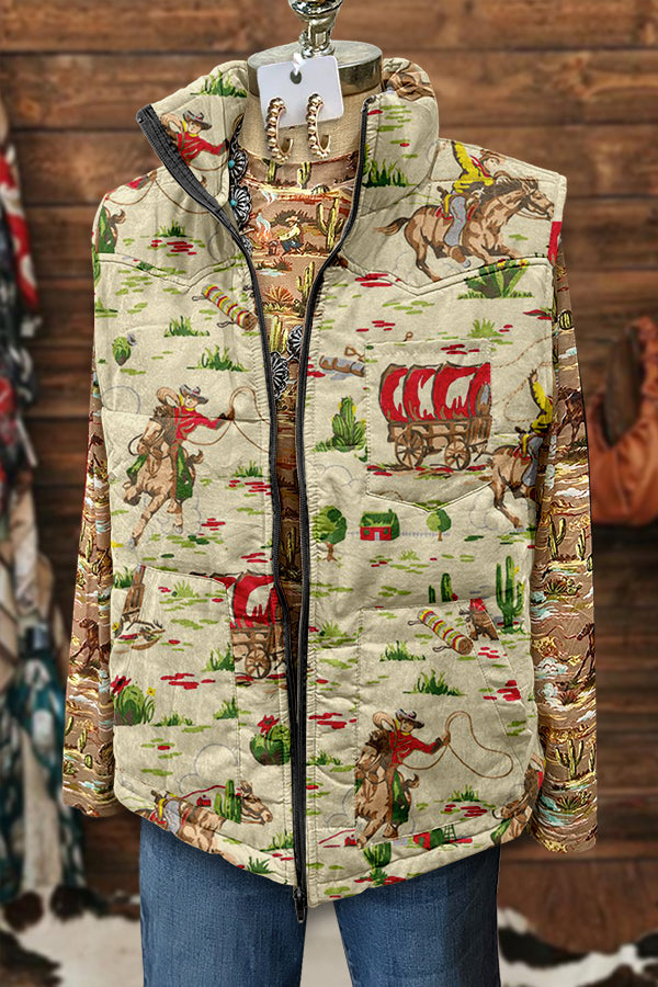 Cozy Western Cowboy Horse Racing Print Vest