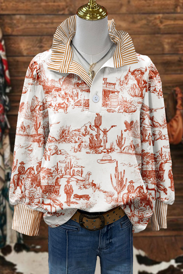 Classic Western Cowboy Cactus Print Puff Sleeve Blouse