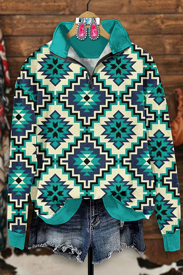 Retro Western Aztec Print Zip-Up Sweatshirt