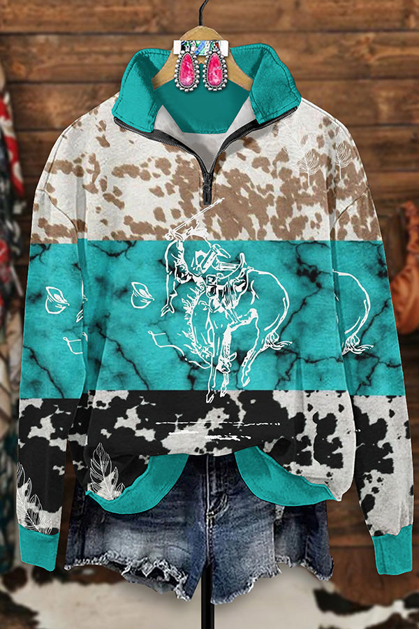 Vintage Western Turquoise Cow Print Zip-Up Sweatshirt