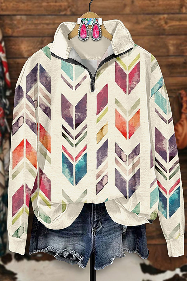 Retro Western Aztec Arrow Print Zip-Up Sweatshirt